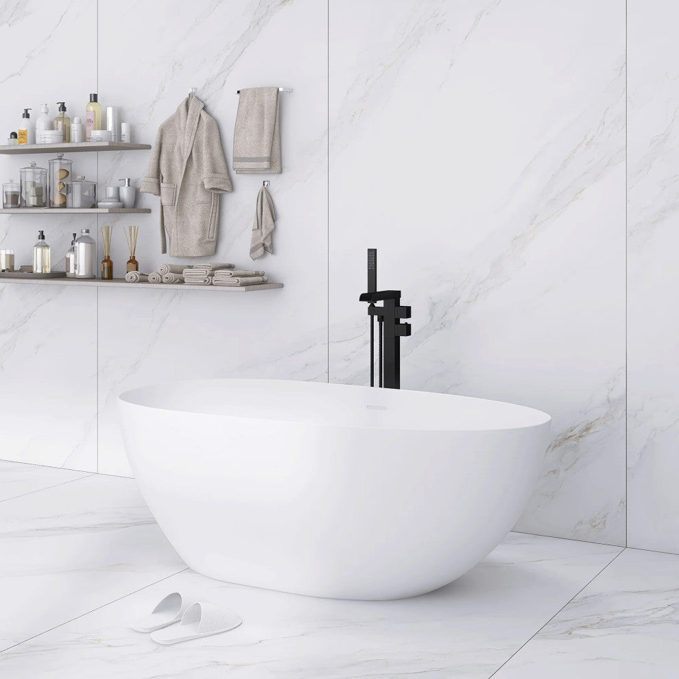 Solid Surface Freestanding Soaking Bathtub, Drain, 59"
