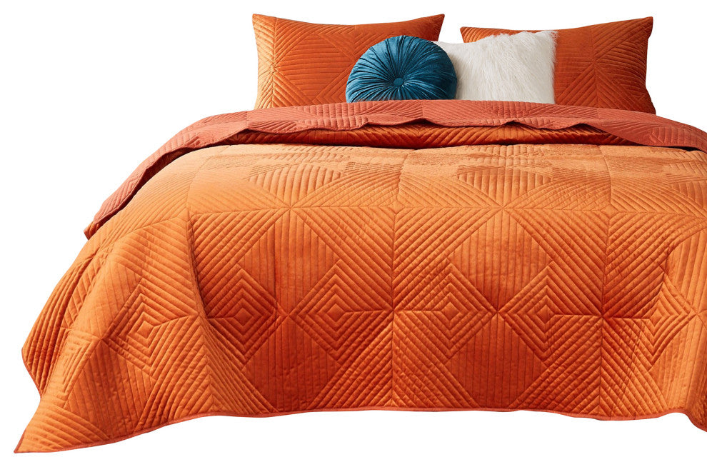 Benzara BM280412 3 Piece Velvet Full Quilt Set, Diamond Quilting Design, Orange