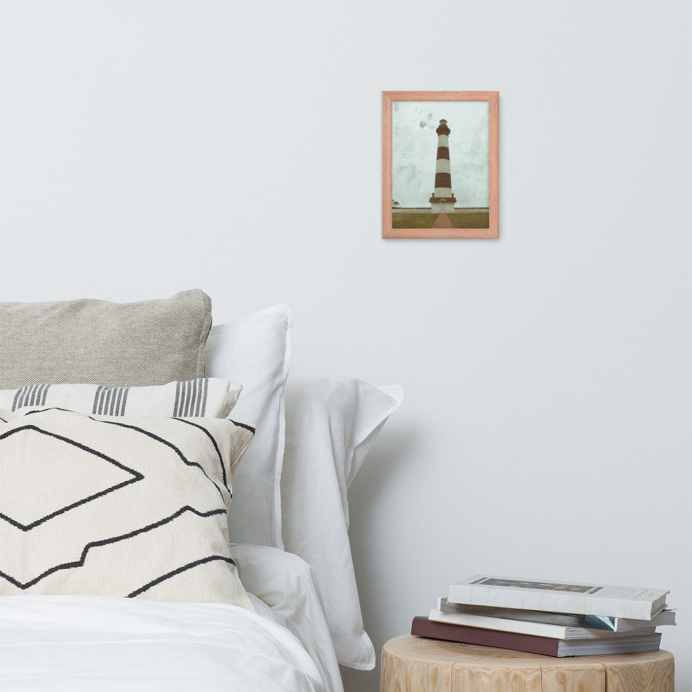 Aged Bodie Lighthouse Landscape Framed Photo Paper Wall Art Prints, Red Oak, 8" X 10"
