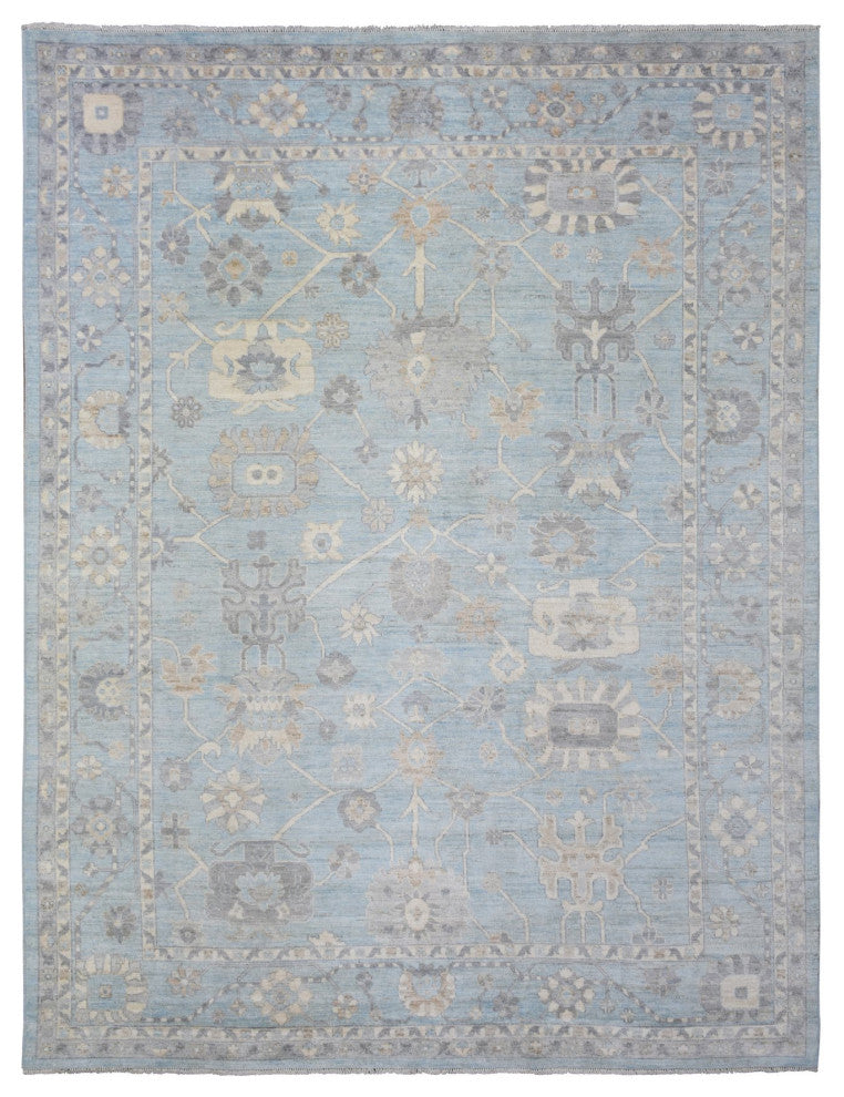 Blue Wool Hand Knotted Afghan Oushak All Over Design Oriental Rug, 9'1"x11'10"