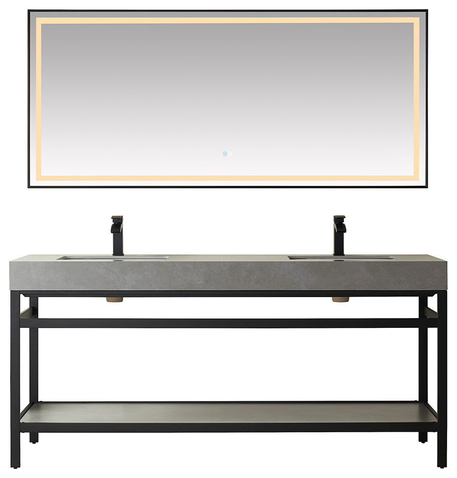 Funes Bath Vanity with Mirror, Matte Black Support, 72" Double Sink, Grey Stone Top