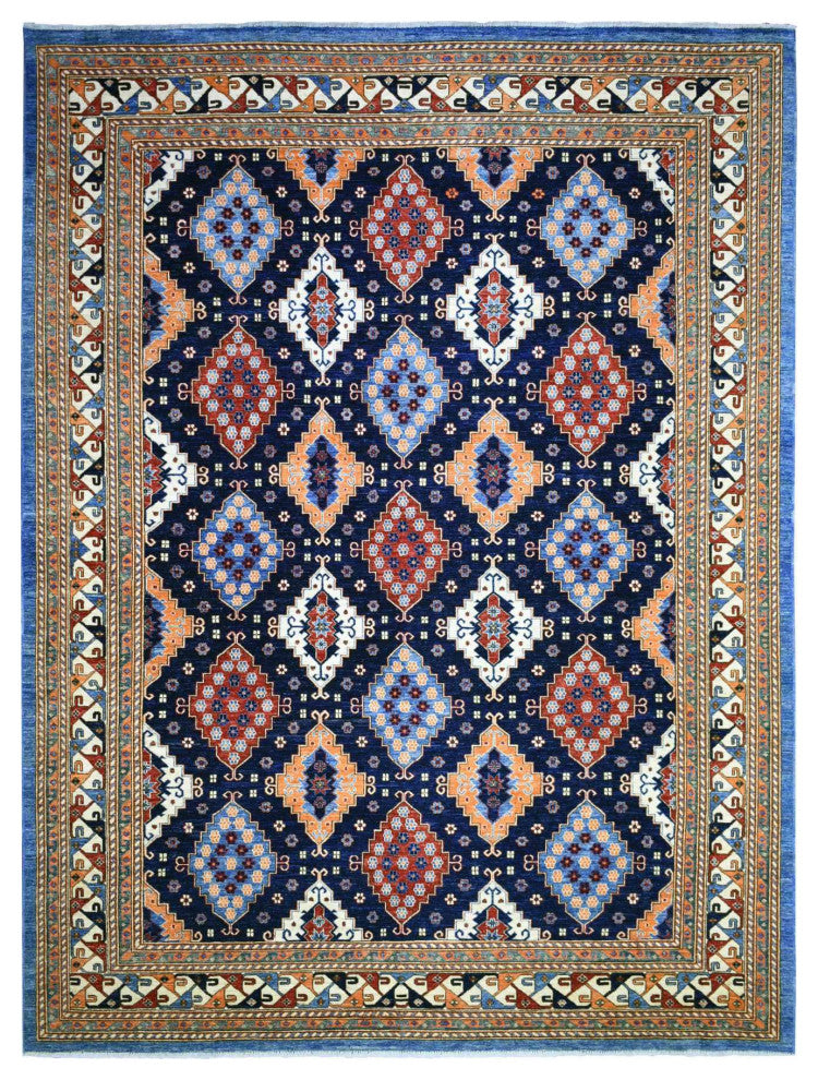 Blue Afghan Ersari With Large Elements Soft Wool Hand Knotted Rug, 9'2"x11'10"