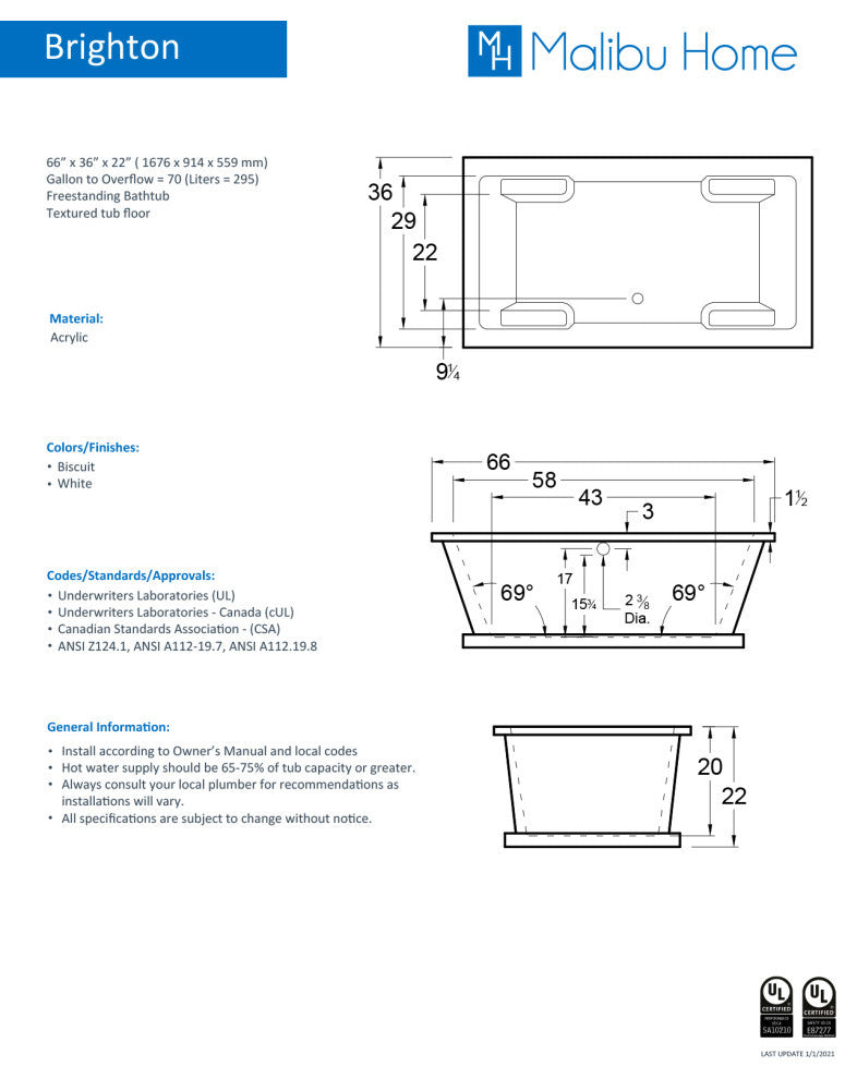 Malibu Brighton Rectangle Soaking Bathtub 66x36x22 White