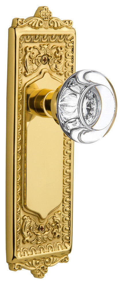 Double Egg & Dart Plate With Round Clear Crystal Knob, Polished Brass
