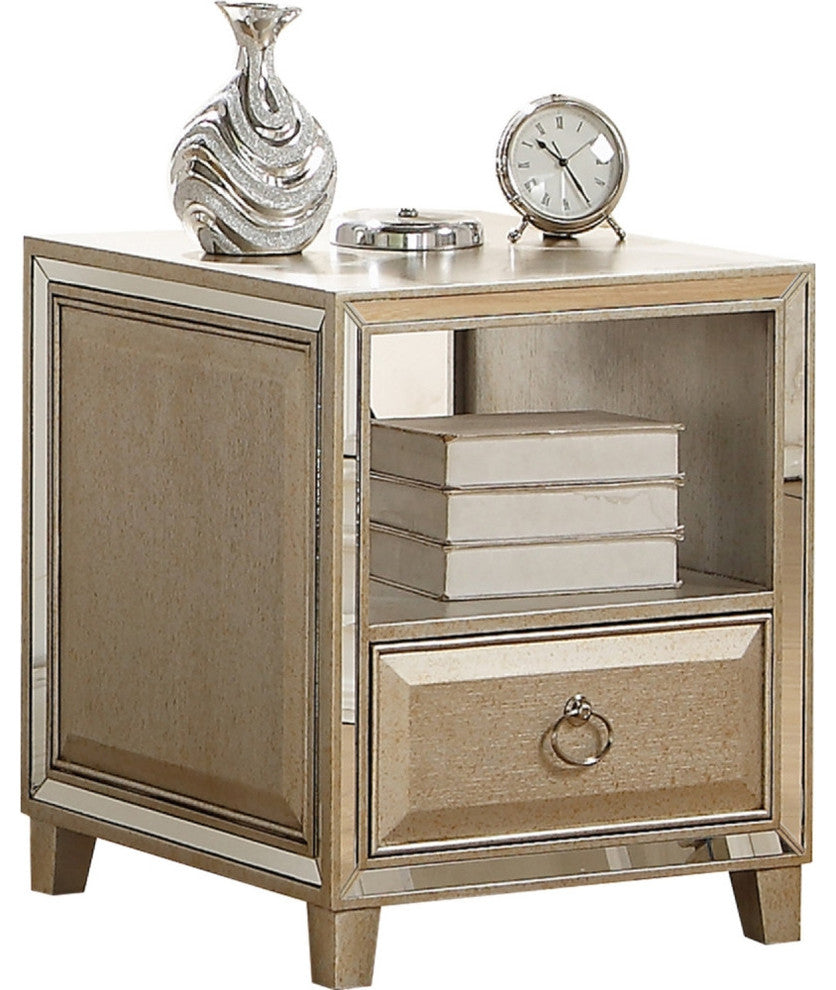 Transitional Style Wood and Mirror Rectangular End Table, Gold