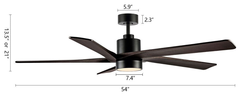 54" Reversible 5-Blade LED Ceiling Fan With Remote and Light, Black/Walnut