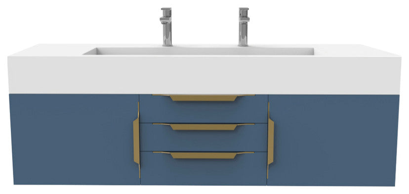 CastelloUSA Nile 60" Wall Mounted Vanity Set, Blue, White Top, Gold Handles