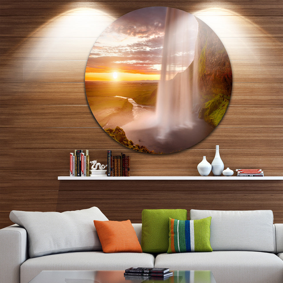 Seljalandsfoss Waterfall At Sunset, Landscape Round Wall Art, 23"