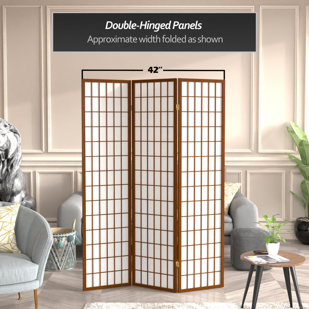 6' Tall Window Pane Shoji Screen, Walnut, 3 Panels