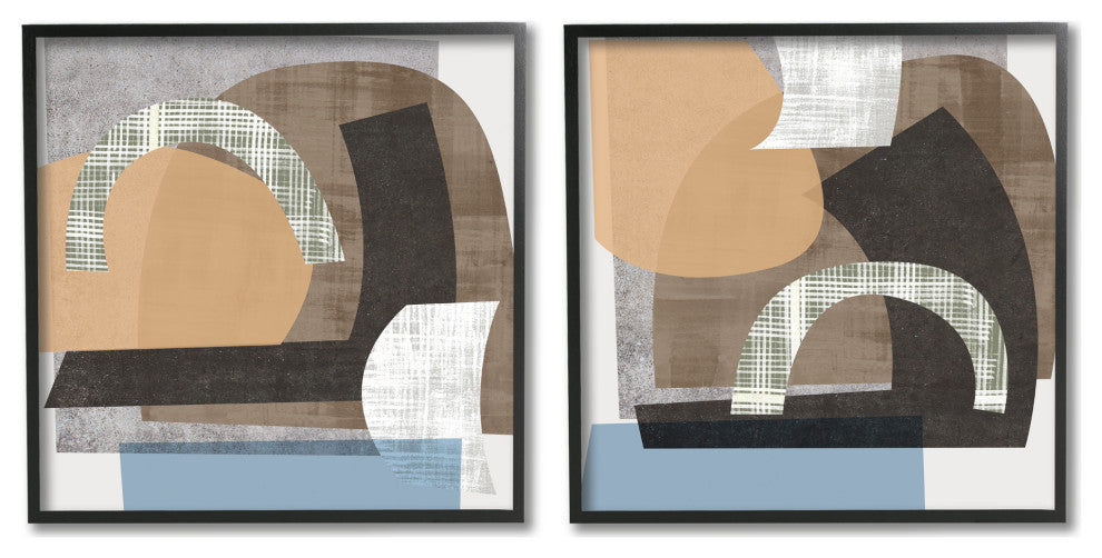 Abstract Shape Collage Modern Brown Grey Blue,2pc, each 12 x 12