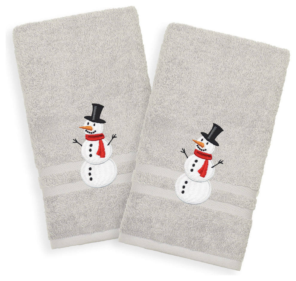 Embroidered Snowman Cotton Denzi Hand Towels, Set of 2, Gray
