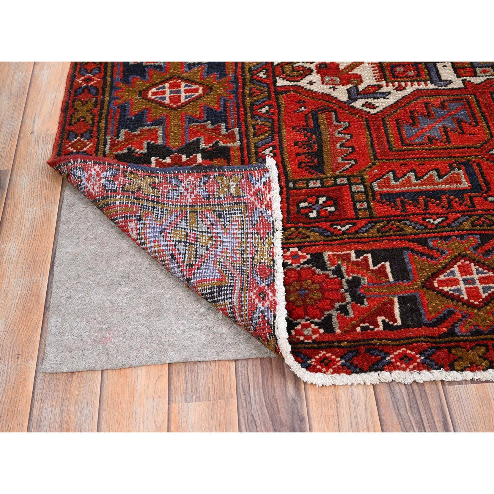Raspberry Red Worn Wool Hand Knotted Semi Antique Persian Heriz Rug 7'9"x11'