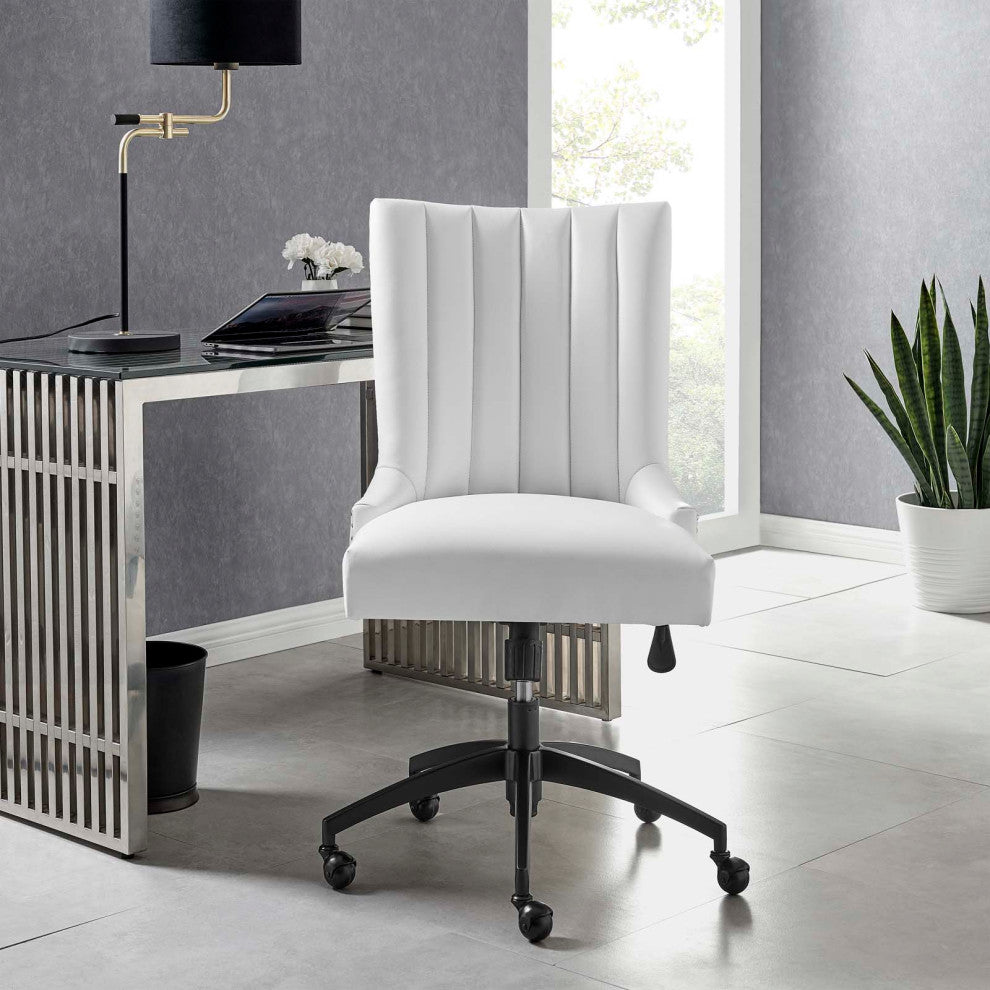 Computer Work Desk Tufted Chair, Faux Vegan Leather, Black White, Home Office