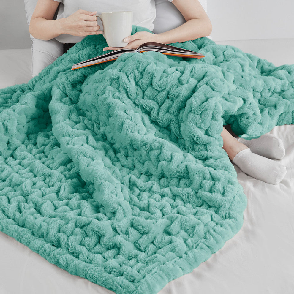 Madison Park Ruched Fur Throw, Aqua