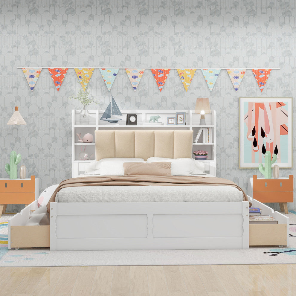 Gewnee Wood Queen Size Platform Bed with Storage Headboard