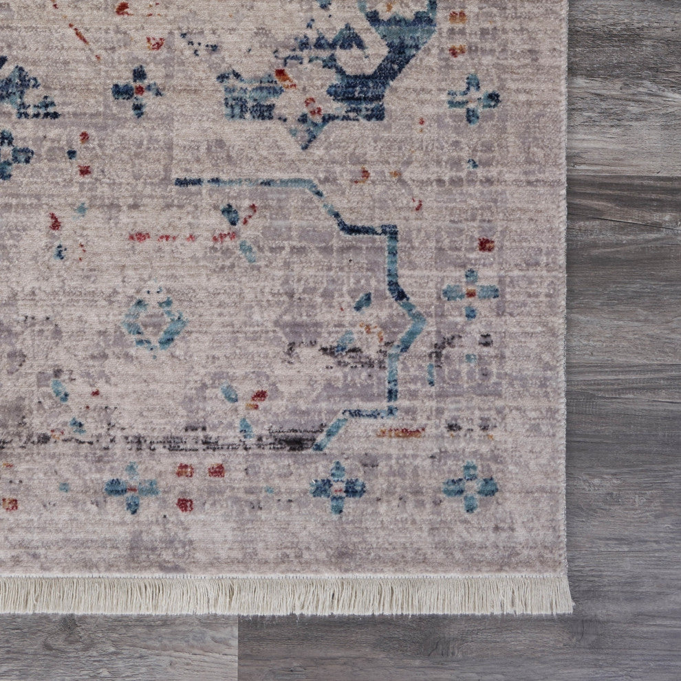 5" x 8" Beige Distressed Floral Area Rug