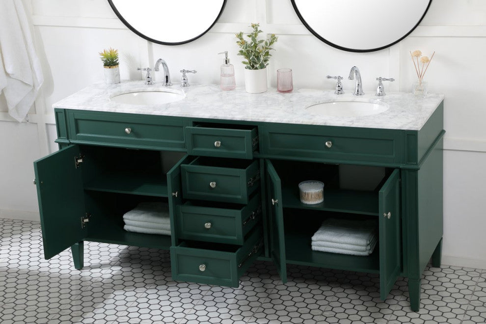 Home Living Vanity with Carrara White Marble Countertop, Green, 72", Double Sink