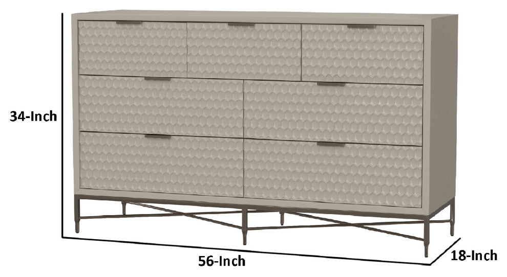 Benzara BM284281 7 Drawer Dresser, Honeycomb Pattern, Mahogany Wood, Taupe Gray