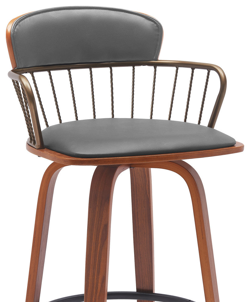 Willow 25.5" Swivel Walnut Wood Counter Stool Gray Faux Leather and Bronze Metal, 30