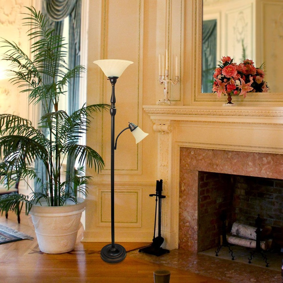 Light Mother Daughter Floor Lamp With White Marble Glass, Restoration Bronze