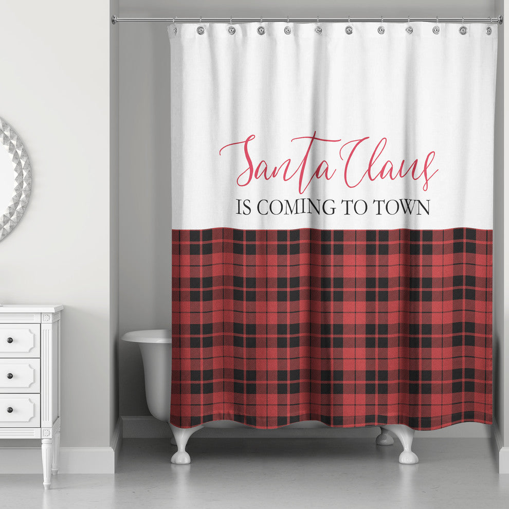 Santa Claus is Coming to Town Red and Black Plaid 71x74 Shower Curtain