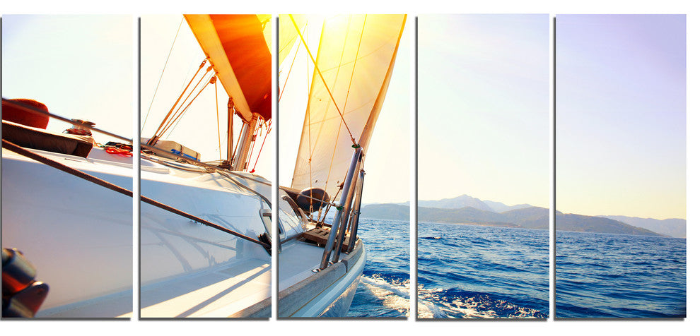 Sailboat Sailing in the Blue Sea, Seashore Canvas Wall Art, 60"x28", 5 Panels