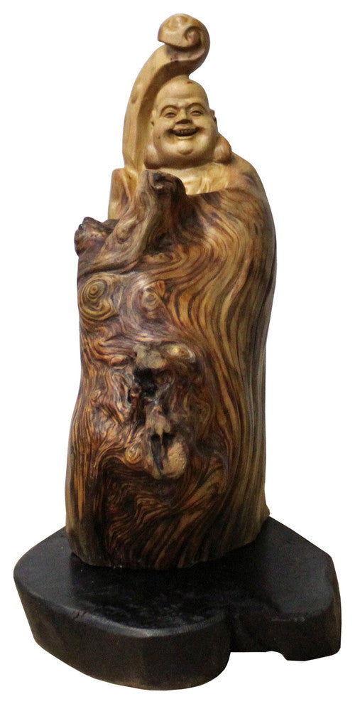 Chinese Cypress Wood Carved Irregular Shape Happy Buddha Statue Hcs4137