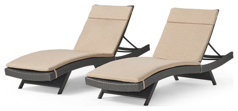 GDF Studio Nassau Outdoor Wicker Adjustable Lounges, Beige Cushions, Set of 2