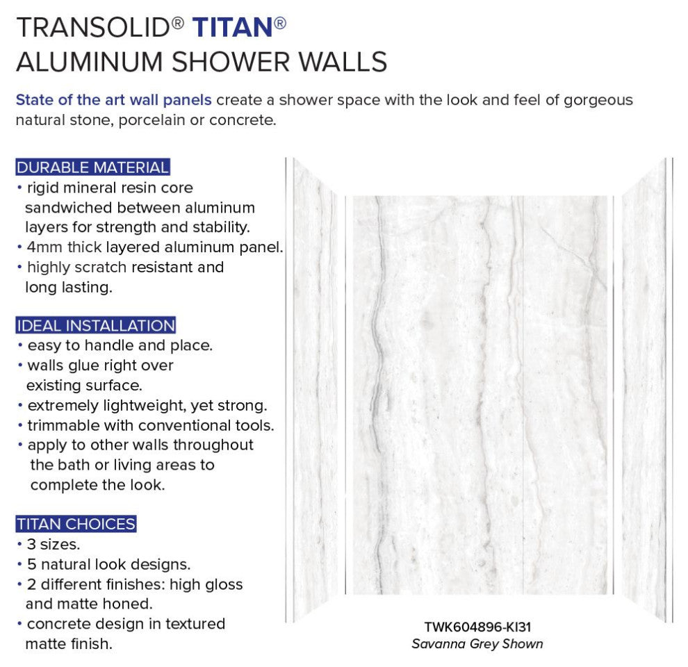 Transolid Titan Shower Wall Kit, Savanna Grey (Honed), 60-in X 48-in X 96-in