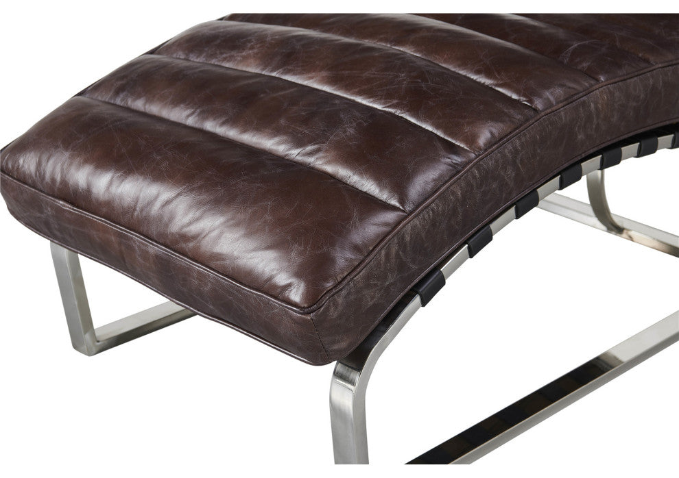 Plano Modern Channeled Leather Chaise Lounge Dark Brown Leather