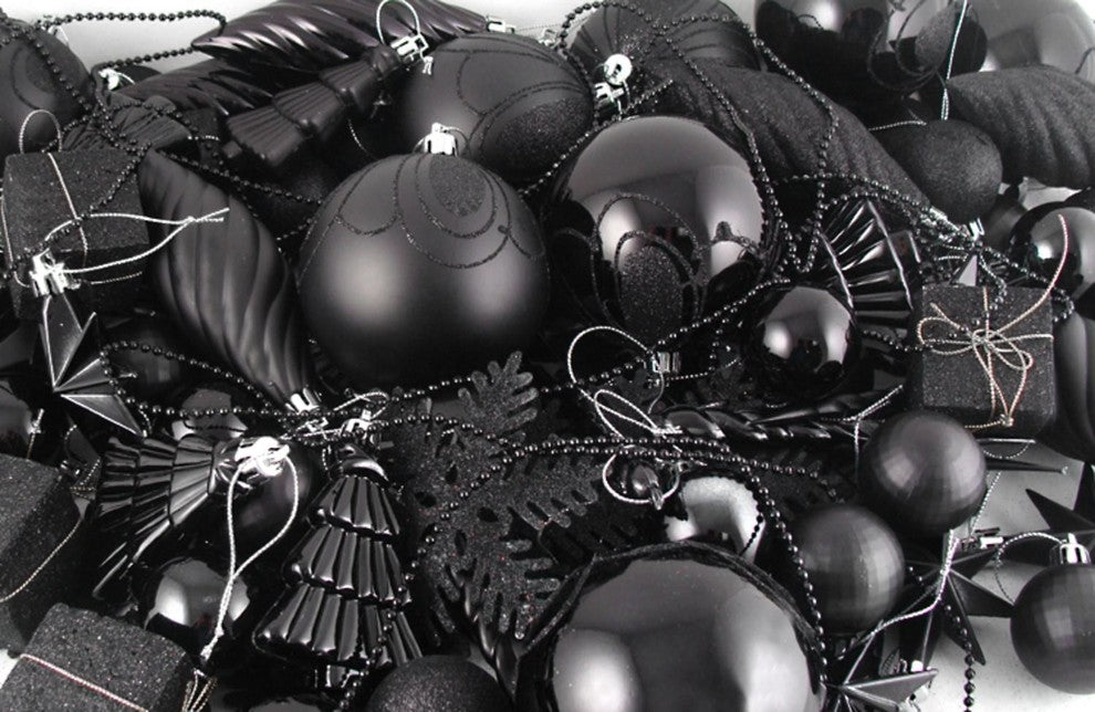 125-Piece Club Pack of Shatterproof Jet Black and Silver Christmas Ornaments , J