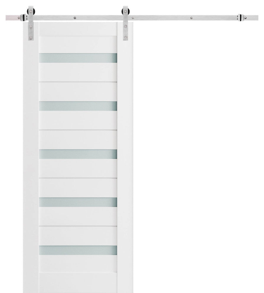 Barn Door 32 x 96 Frosted Glass, Quadro 4445 White, Silver 6.6' Set