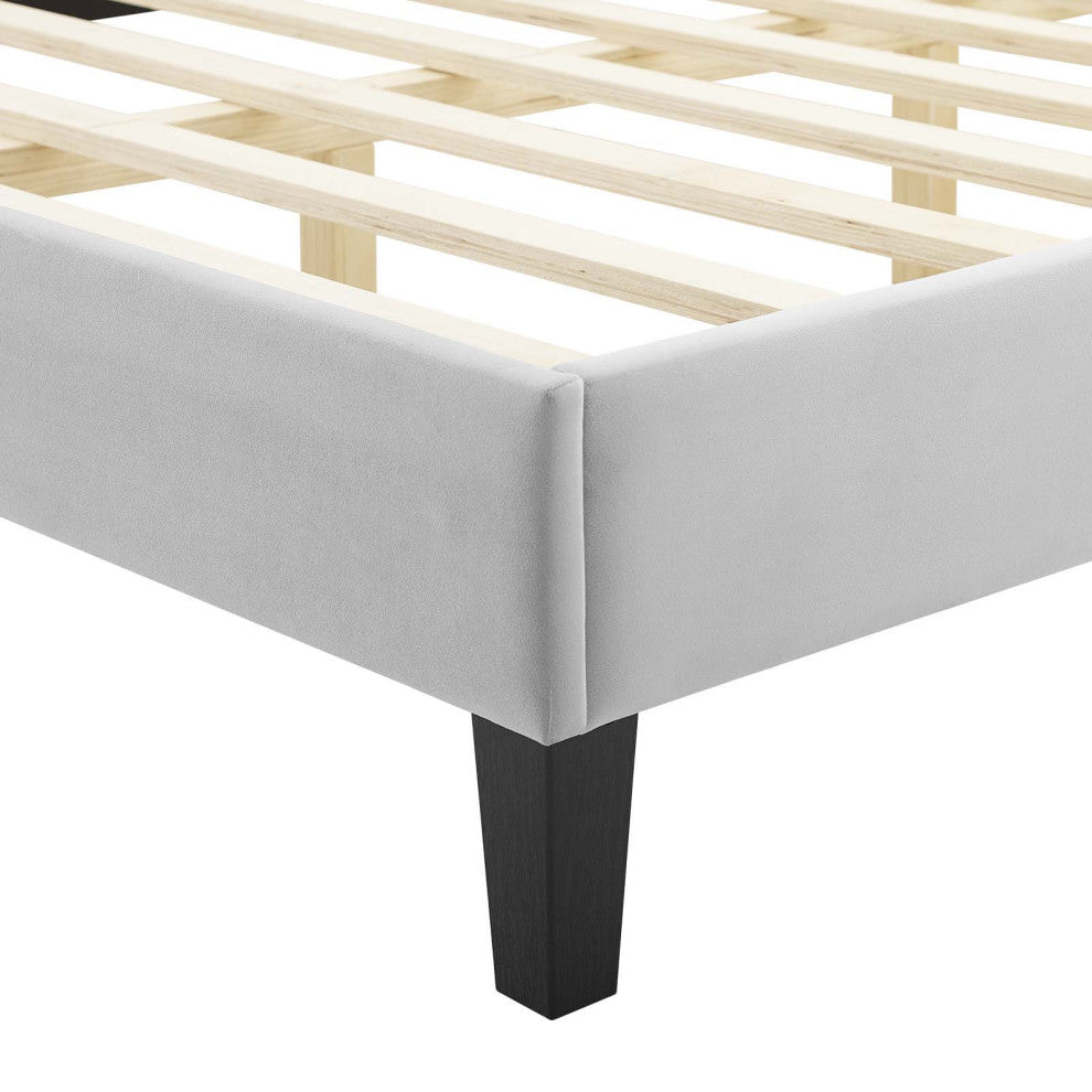 Tufted Platform Bed Frame, Twin Size, Velvet, Gray, Modern Contemporary