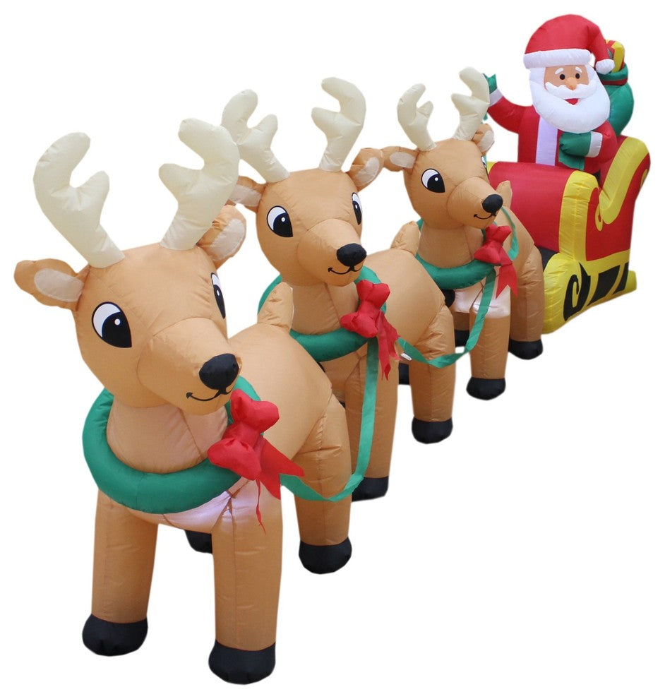 Long Inflatable Santa Claus on Sleigh With Three Reindeer Decoration, 12'