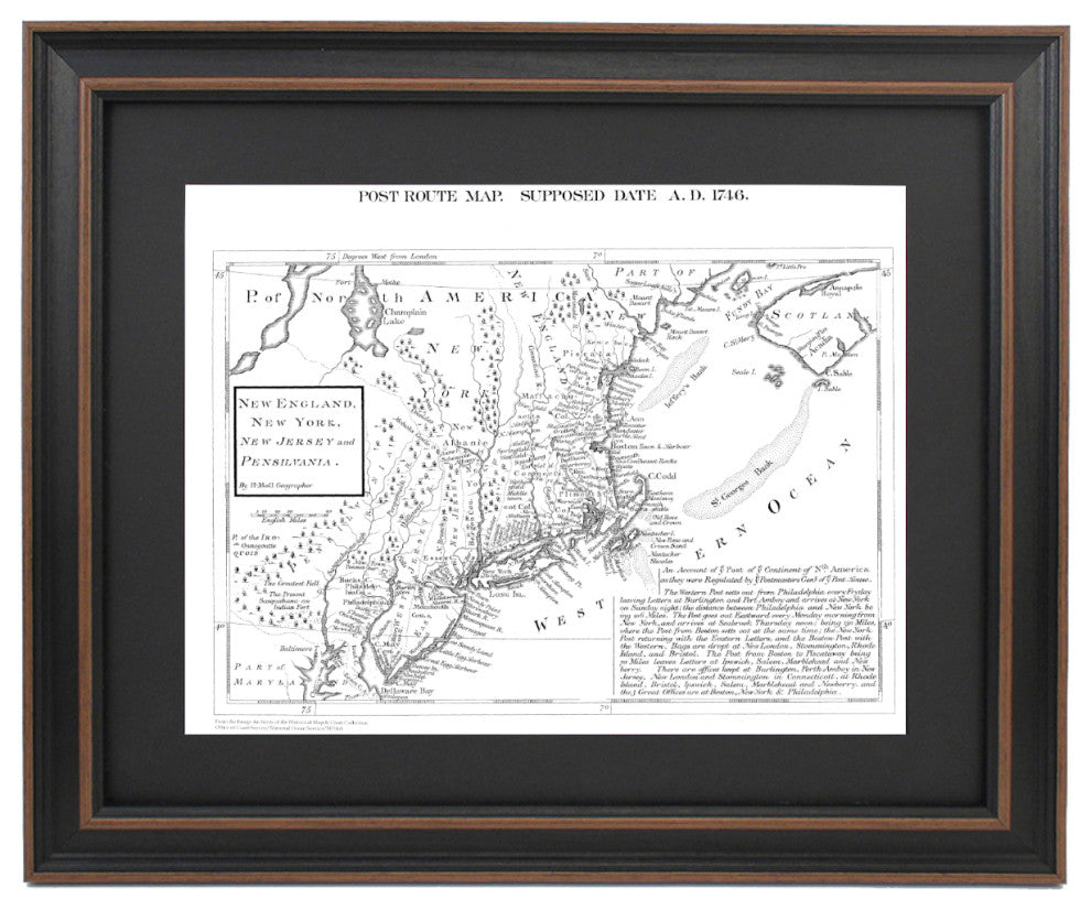 Historical 1746 Post Route Map by Herman Moll