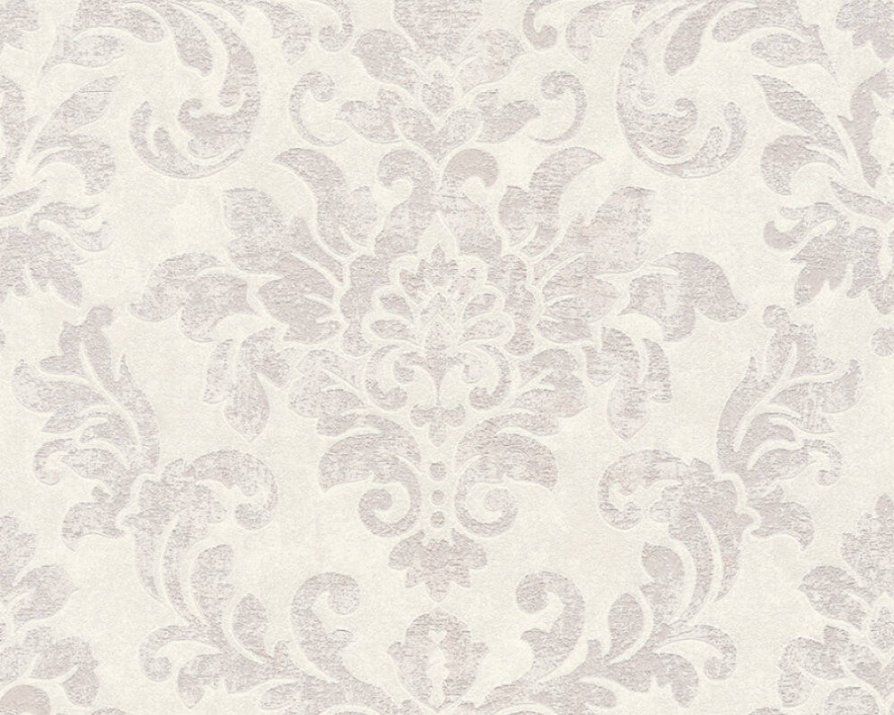 Damask Textured Wallpaper, Ornaments, 374133, White Gray Silver Pink, 1 Roll