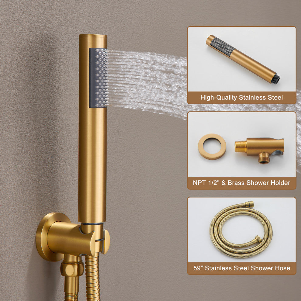 12" Luxury Rainfall Shower System with 3 Way Thermostatic Faucet, Brushed Gold