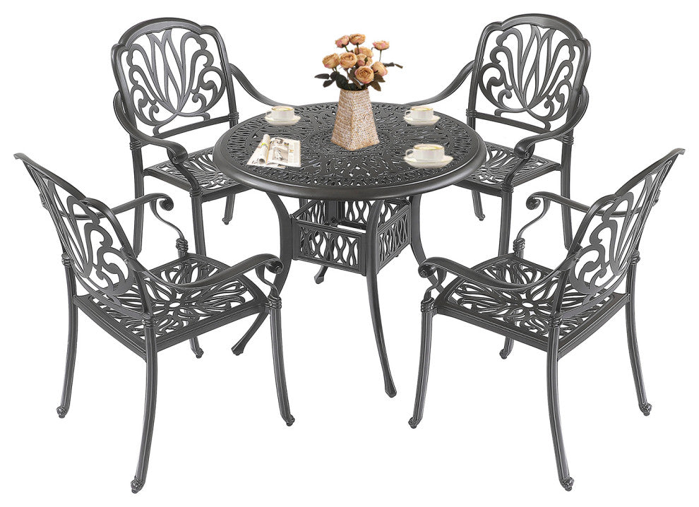 All-Weather 5-Piece Patio Bistro Table Set With Umbrella Hole Black