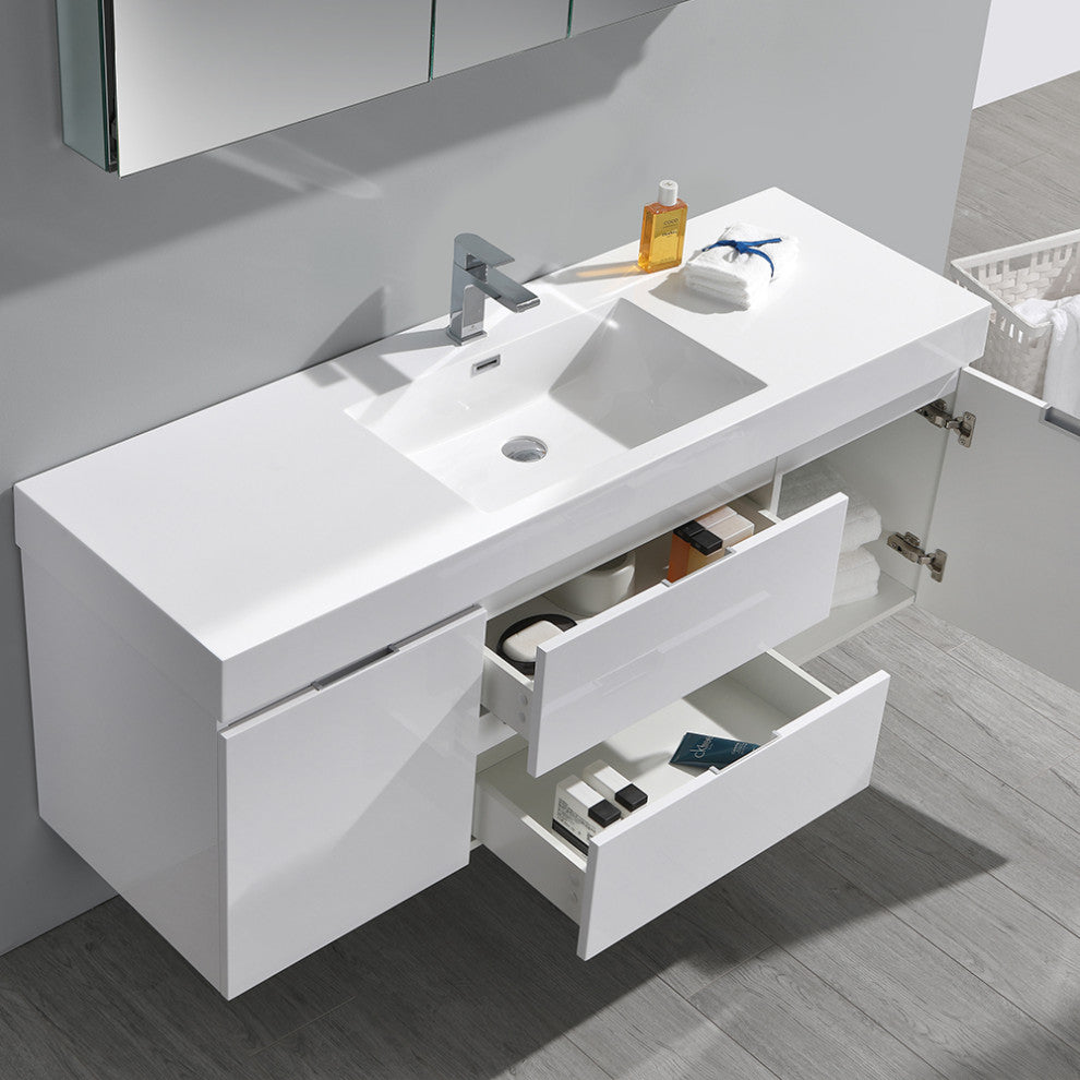 Valencia Wall Hung Bathroom Vanity, Medicine Cabinet, Glossy White, 60"