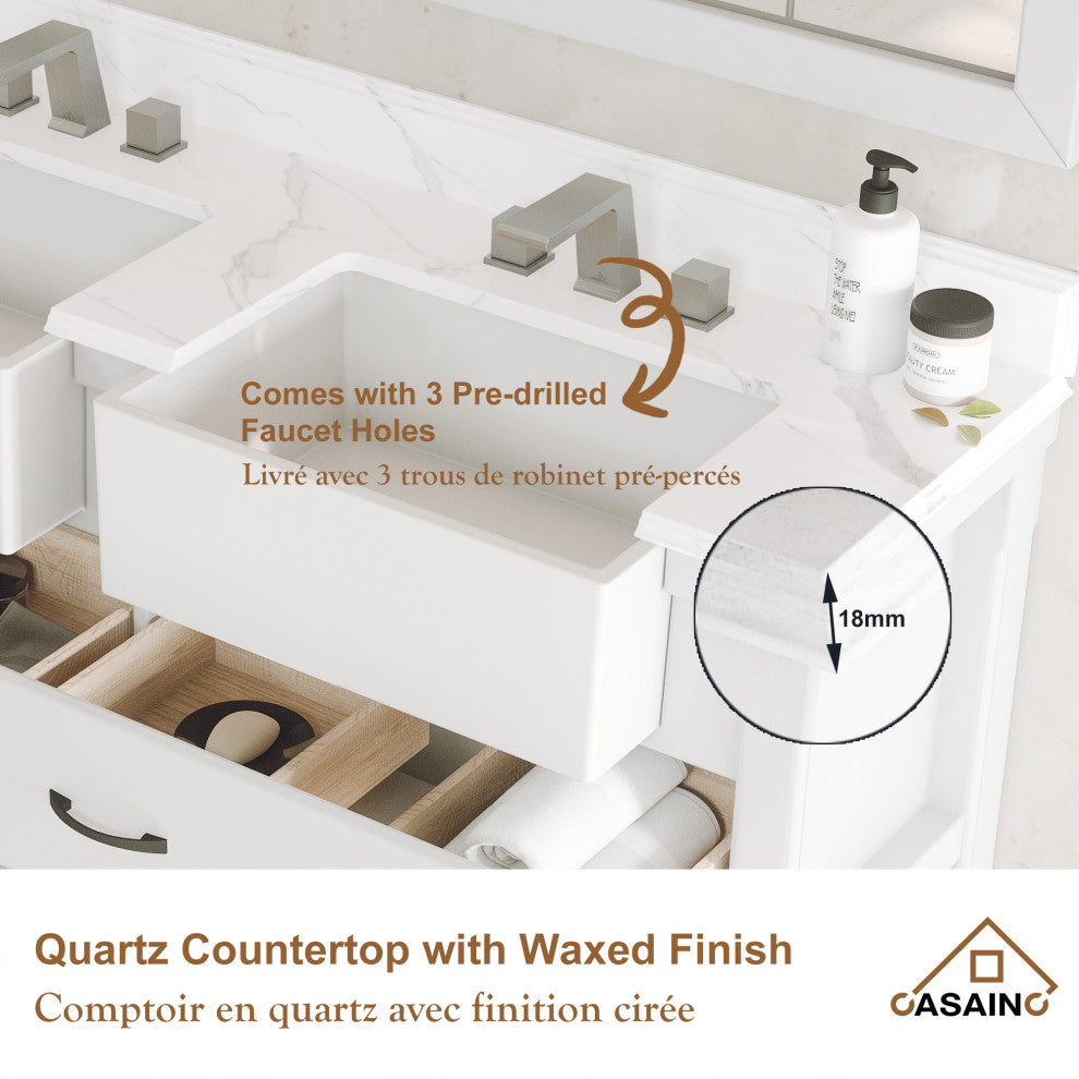 Freestanding Bath Vanity in White with White Quartz Top, 60in