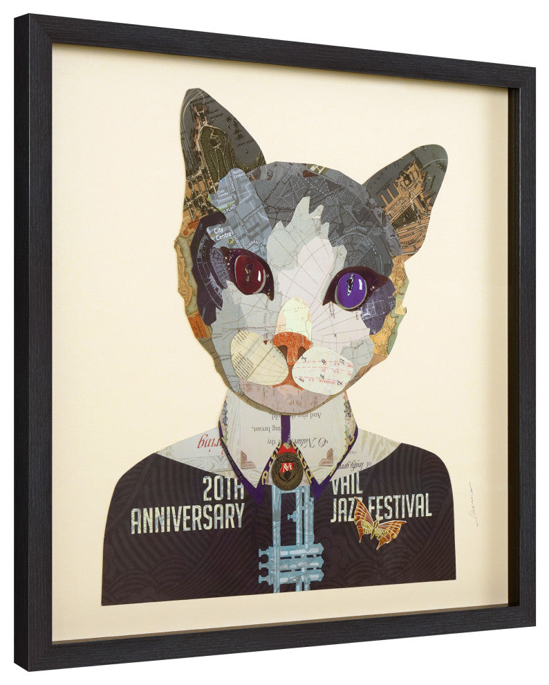 "Funky Cat 2" Dimensional Collage Framed Graphic Art Under Glass Wall Art