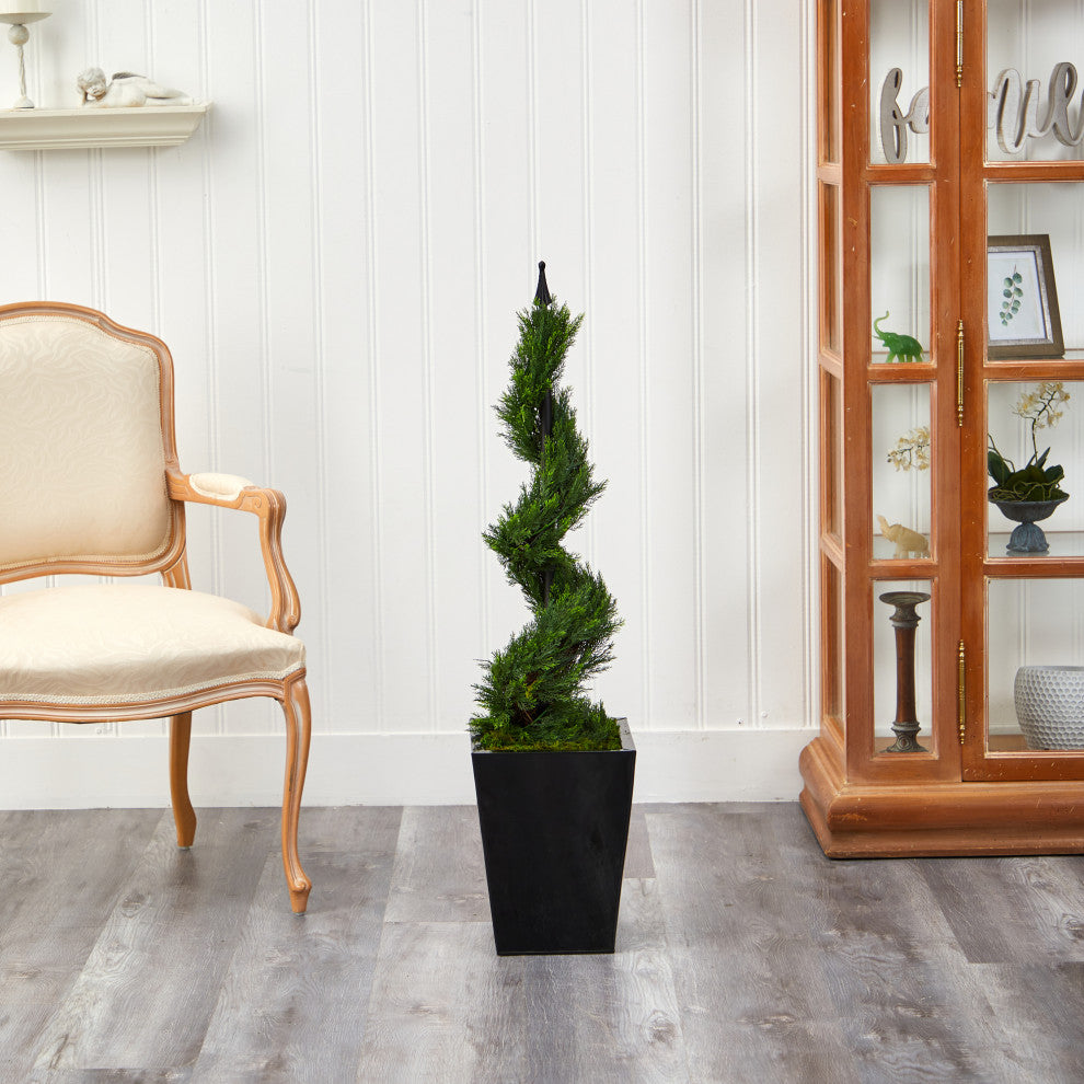 44" Cypress Spiral Topiary Artificial Tree, Black Metal Planter