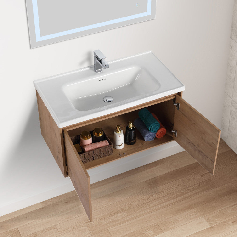 Wall Mounted Bathroom Vanity, Classic Oak, 36" W/ Sink