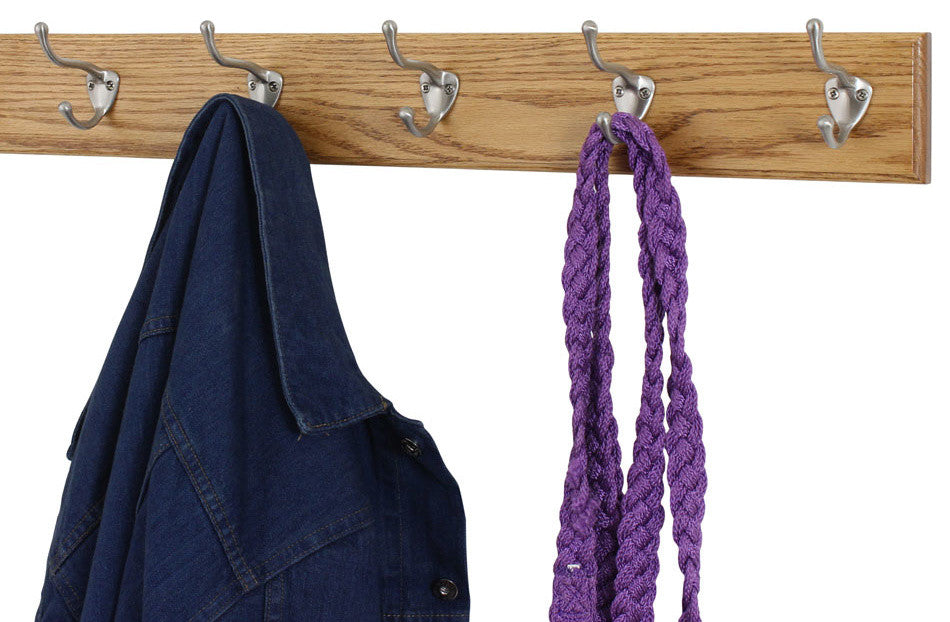 Solid Oak Wall Coat Rack, Nickel Hooks, Golden Oak, 25.5"x3.5", 5-Hooks
