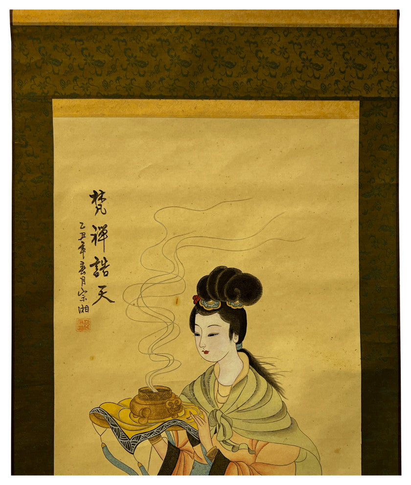 Chinese Color Ink Tong Style Lady Portrait Scroll Painting Wall Art Hws3037