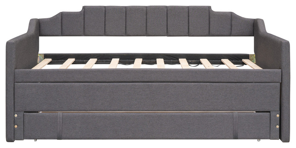 Gewnee Twin Size Upholstered Daybed with Trundle and Three Drawers in Grey