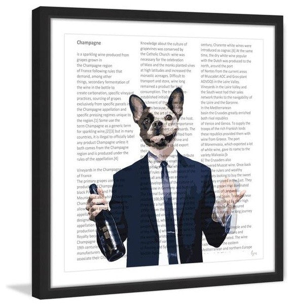 "Frenchie With Wine Bottle" Framed Painting Print, 18"x18"
