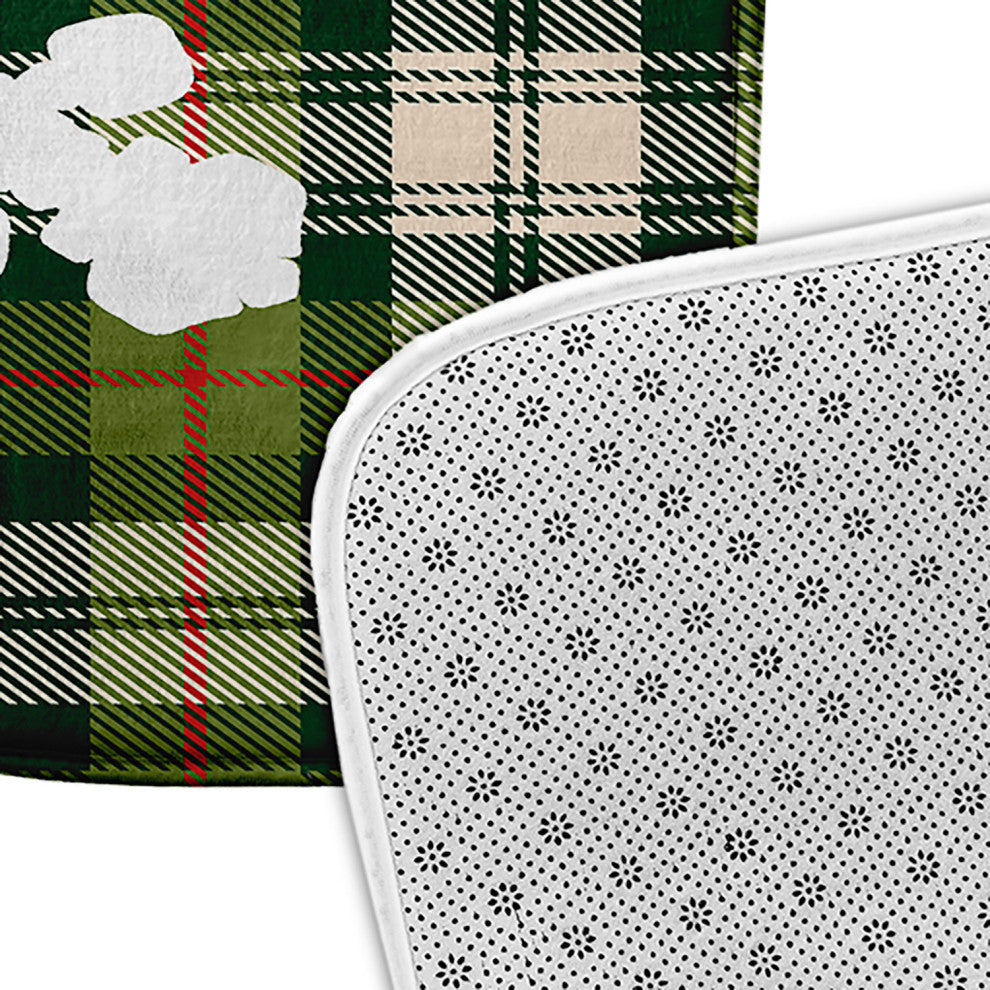 Green Rectangular Snow Flake on Plaid Pet Feeding Mat for Dogs or Cats