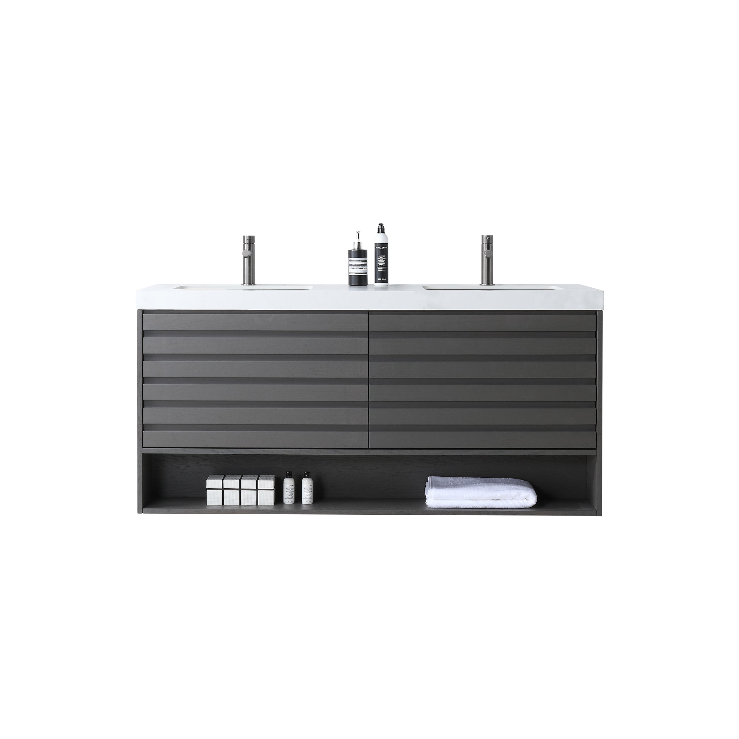 Matera Wall Mount Modern Bathroom Vanity, Charcoal, 60", White Countertop