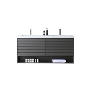 Matera Wall Mount Modern Bathroom Vanity, Charcoal, 60", White Countertop
